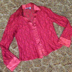 Tres You Red Lace Button up Long sleeve Sheer Blouse